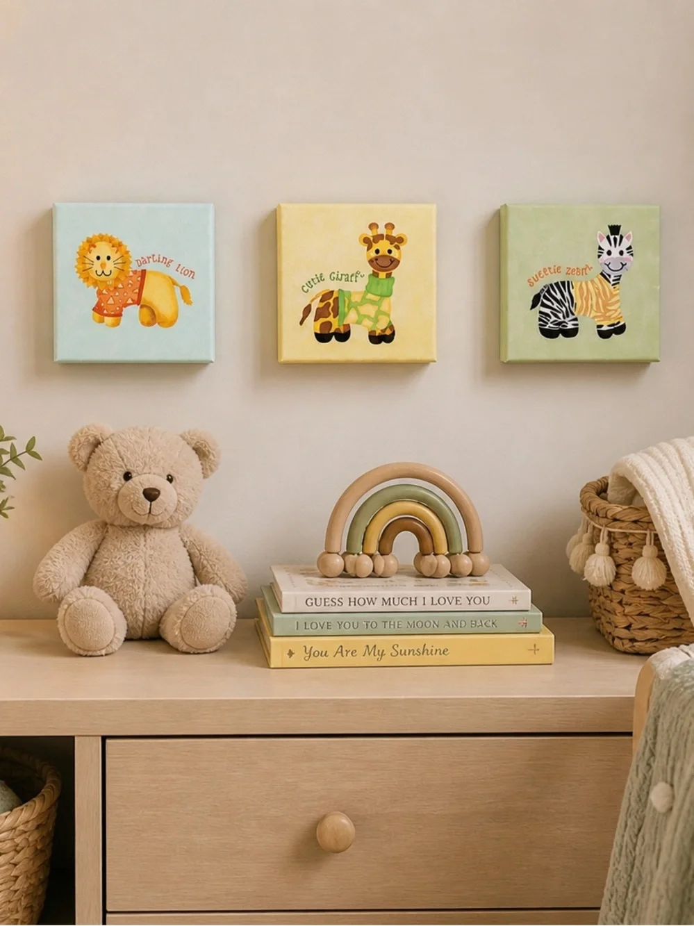 Nursery Safari Animal Canvas Wall Art Set | Baby Room Decor | Lion Giraffe Zebra